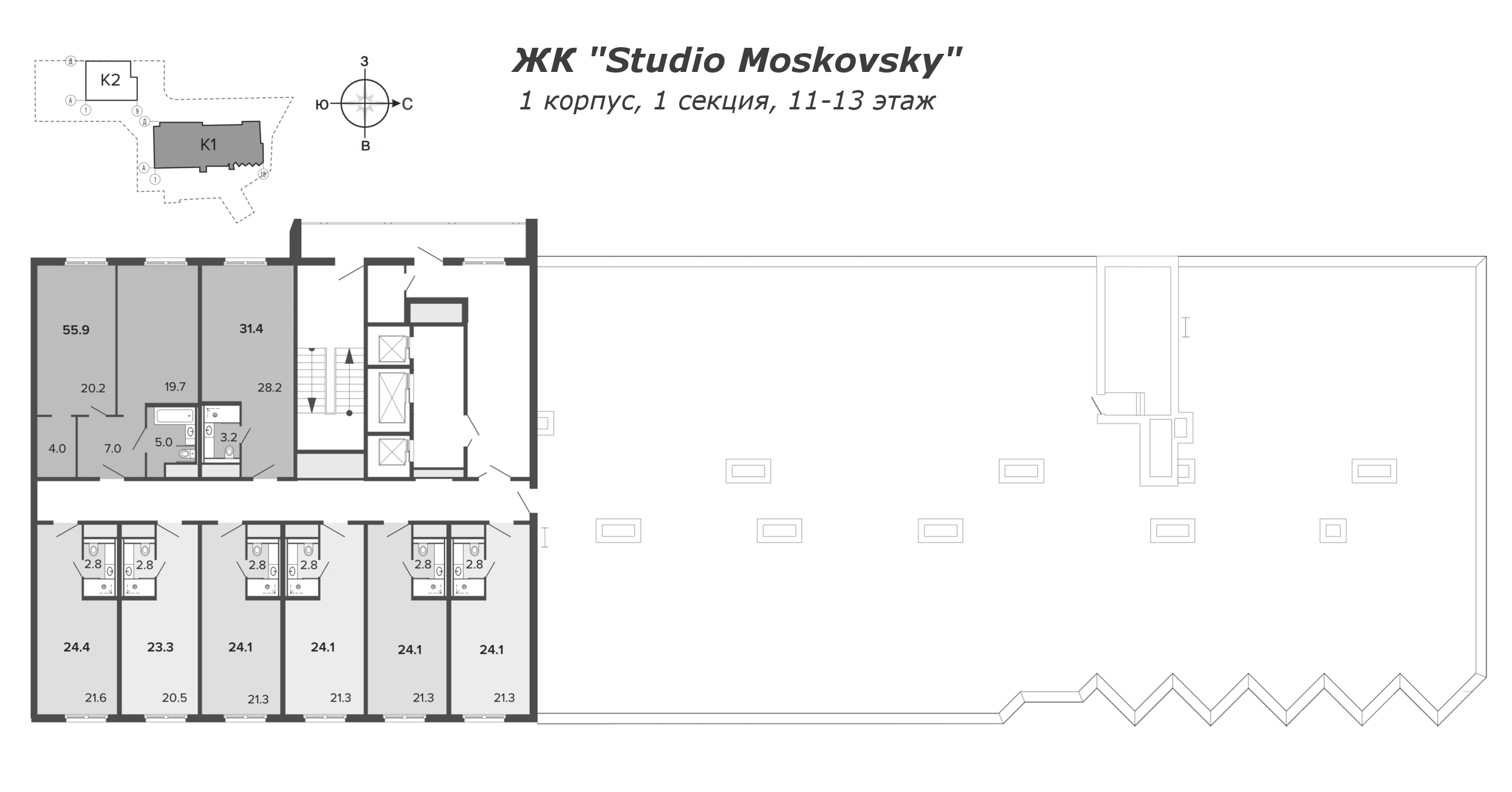 Квартира-студия, 24 м² в ЖК "ARTSTUDIO Moskovsky" - планировка этажа
