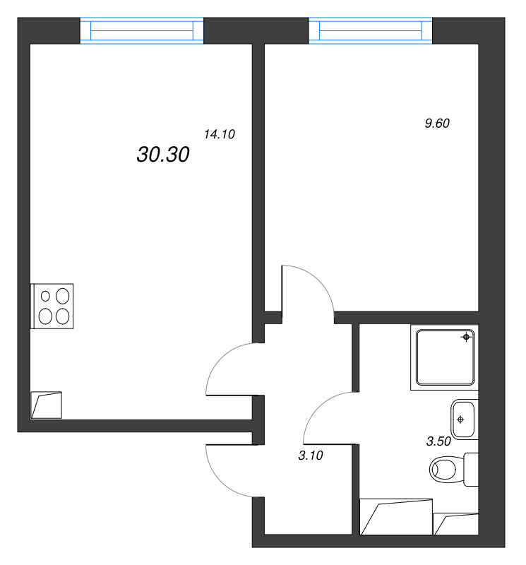 1-комнатная квартира, 30.3 м² в ЖК "Ручьи" - планировка, фото №1