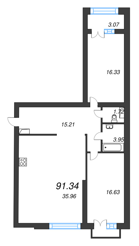 3-комнатная (Евро) квартира, 96.5 м² в ЖК "Наука" - планировка, фото №1
