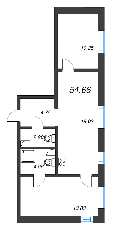 3-комнатная (Евро) квартира, 54.66 м² в ЖК "Тишин" - планировка, фото №1