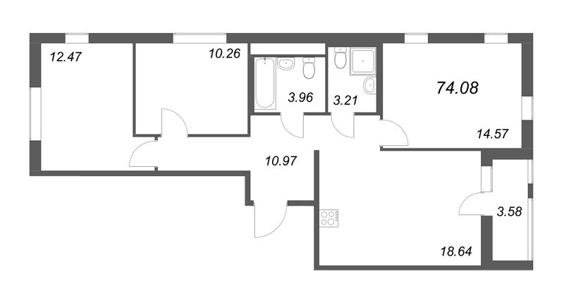 4-комнатная (Евро) квартира, 74.08 м² в ЖК "Мурино Space" - планировка, фото №1