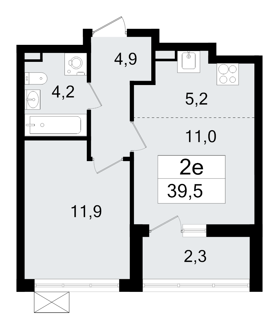 2-комнатная (Евро) квартира, 39.5 м² - планировка, фото №1