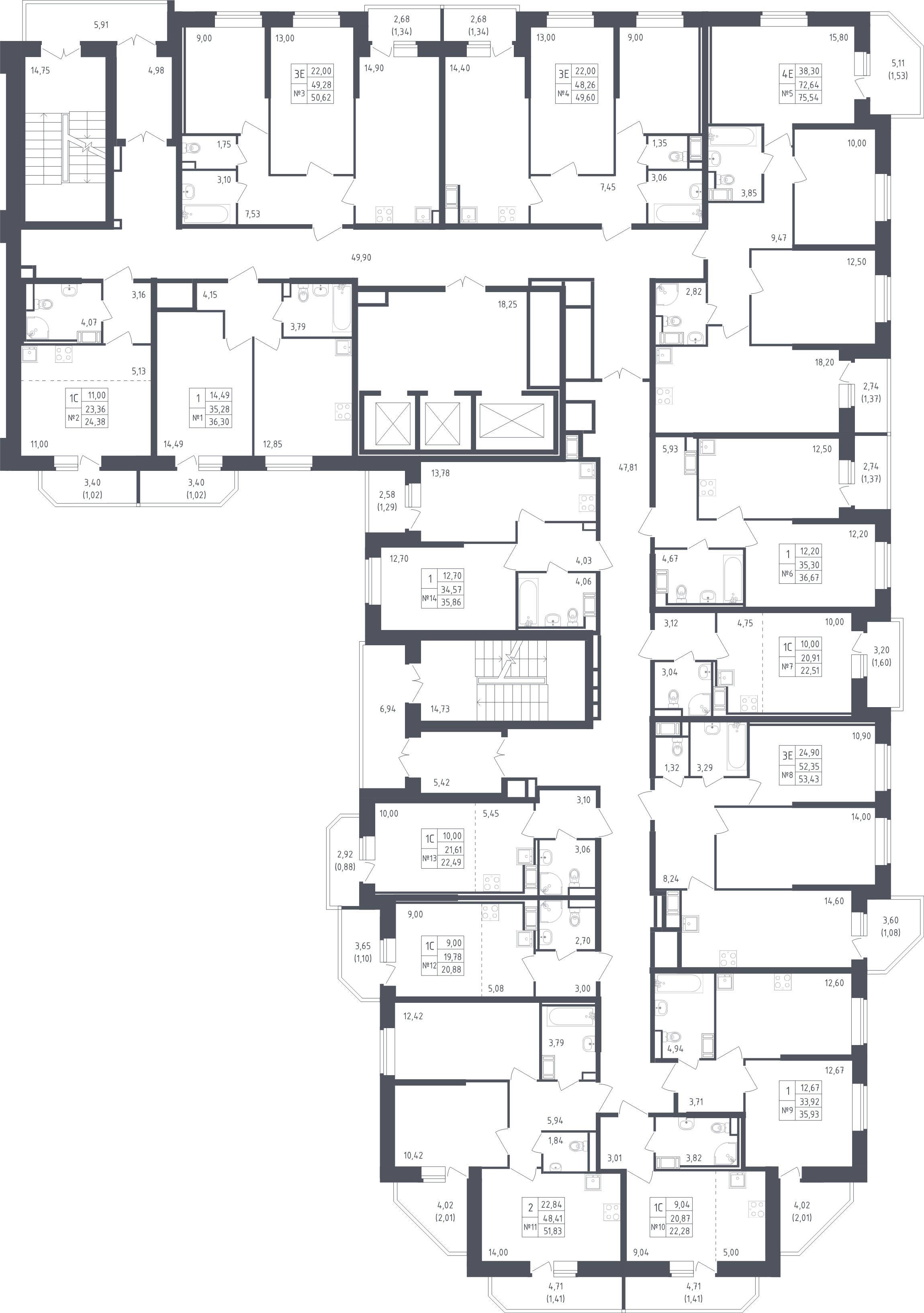 2-комнатная квартира, 53.43 м² - планировка этажа