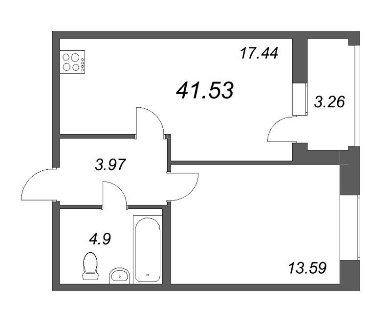 2-комнатная (Евро) квартира, 41.53 м² в ЖК "Аквилон Leaves" - планировка, фото №1
