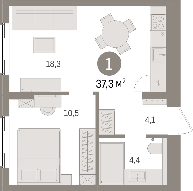 2-комнатная (Евро) квартира, 37.3 м² в ЖК "Брусника в Новоселье" - планировка, фото №1