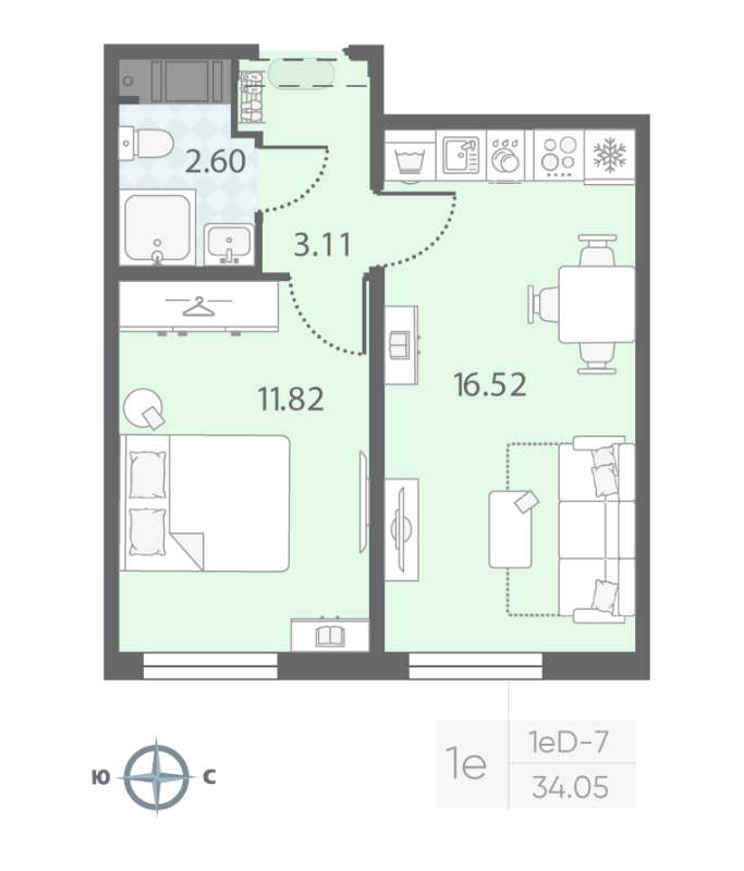 2-комнатная (Евро) квартира, 34.05 м² - планировка, фото №1