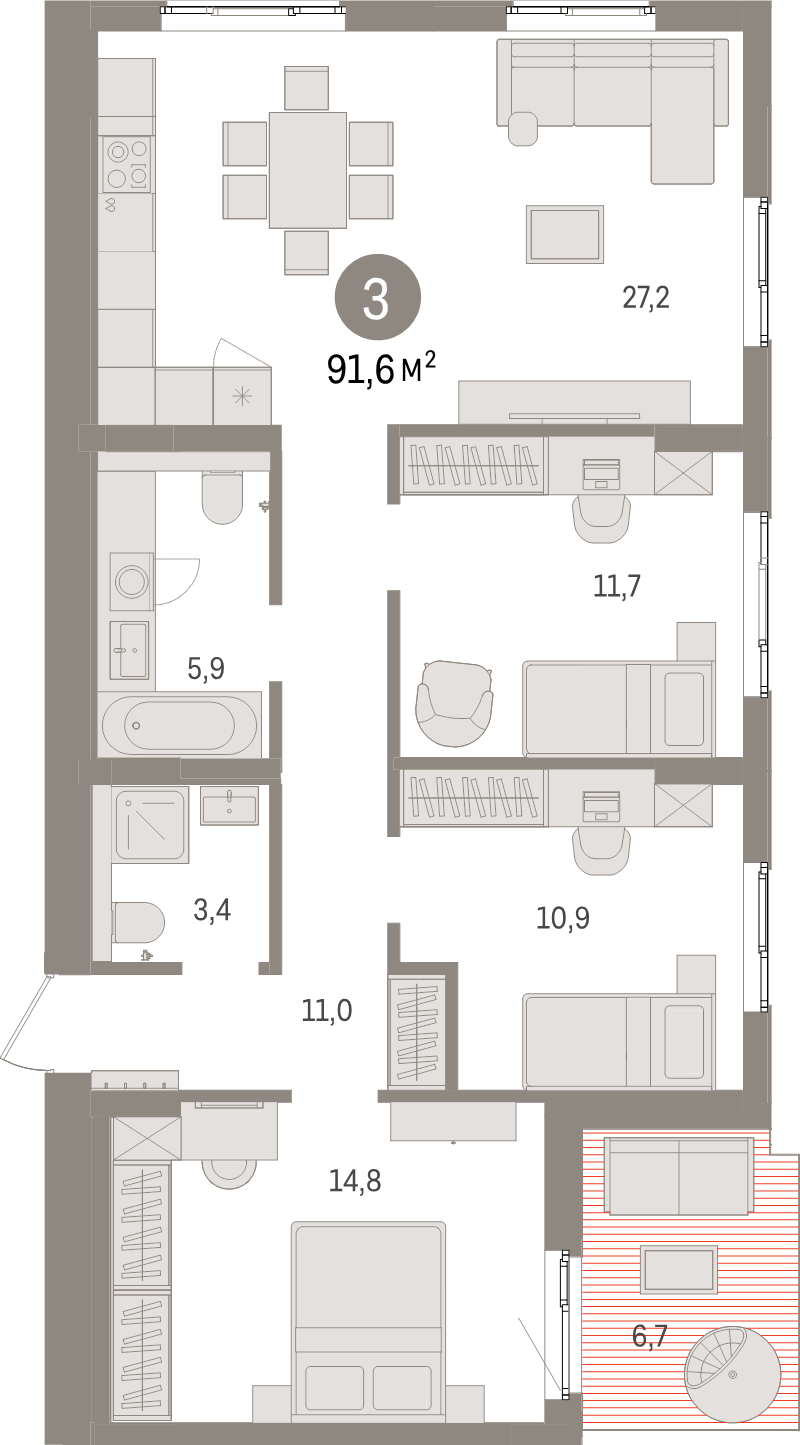 4-комнатная (Евро) квартира, 91.6 м² в ЖК "Брусника в Новоселье" - планировка, фото №1