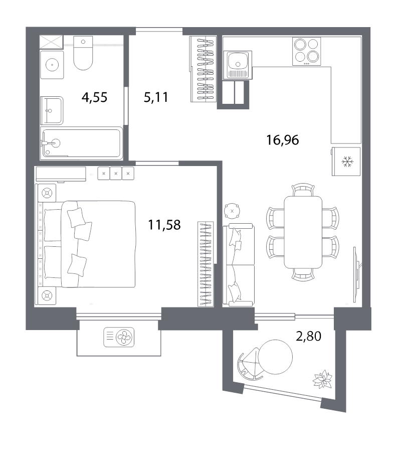 2-комнатная (Евро) квартира, 39.04 м² - планировка, фото №1