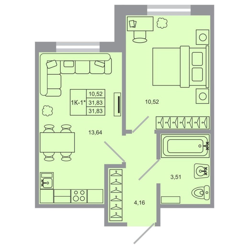 1-комнатная квартира, 31.83 м² в ЖК "Стороны света-2" - планировка, фото №1