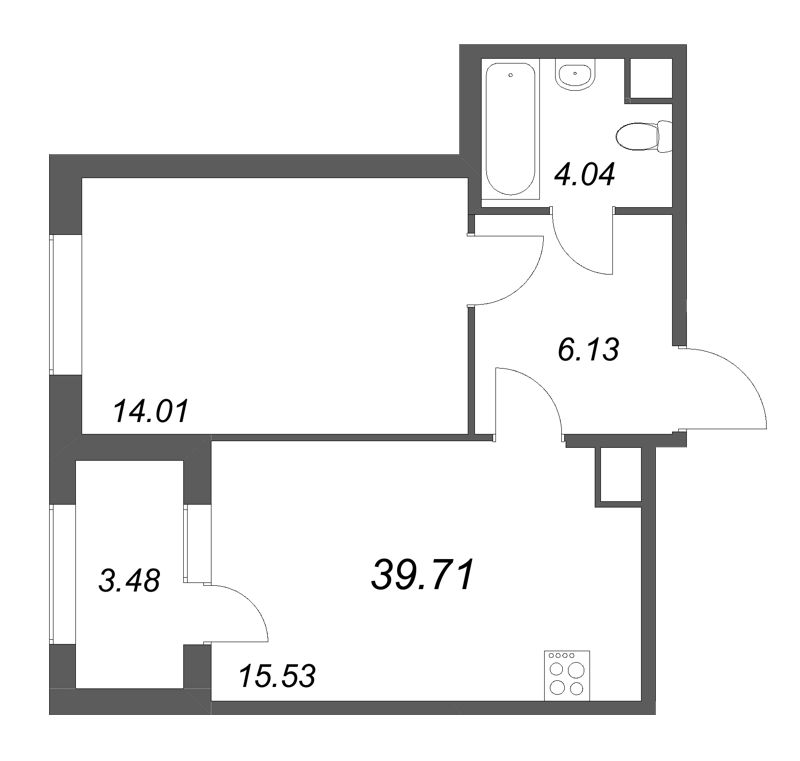 2-комнатная (Евро) квартира, 39.71 м² в ЖК "Дубровский" - планировка, фото №1