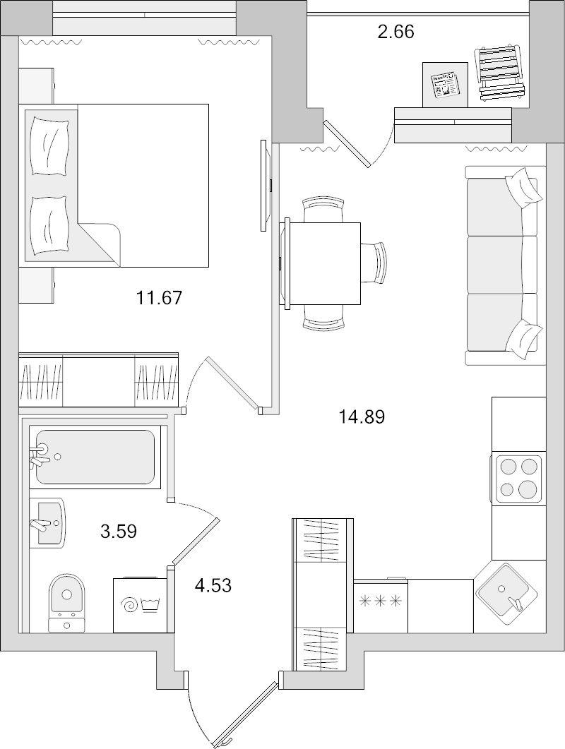 1-комнатная квартира, 32.14 м² - планировка, фото №1