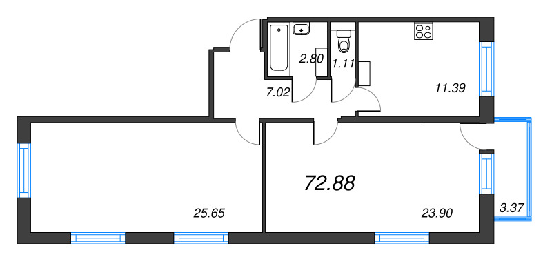 2-комнатная квартира, 71.87 м² - планировка, фото №1