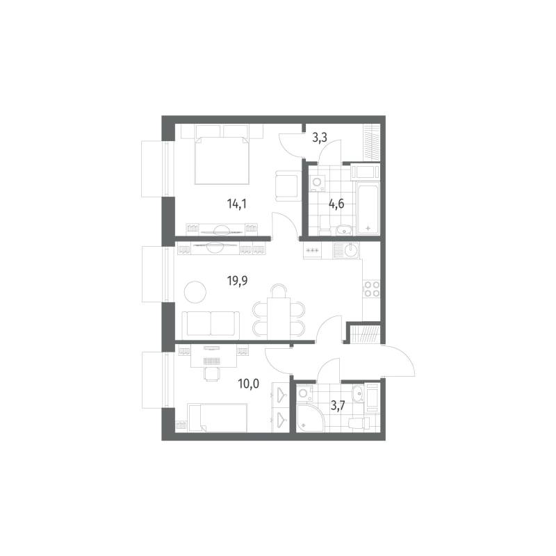 3-комнатная (Евро) квартира, 59.3 м² в ЖК "Парусная 1" - планировка, фото №1