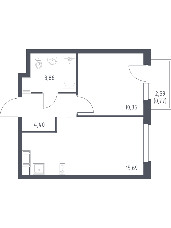 2-комнатная (Евро) квартира, 35.08 м² - планировка, фото №1