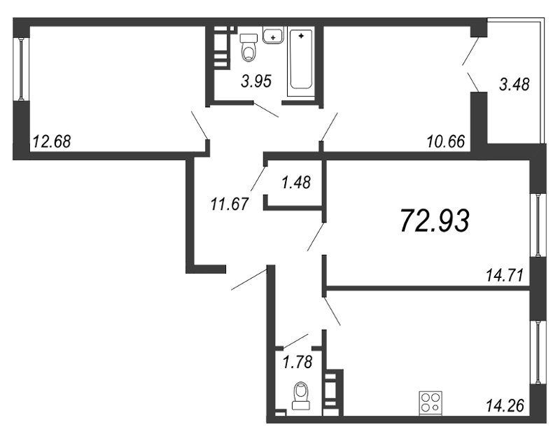 3-комнатная квартира, 74.67 м² - планировка, фото №1