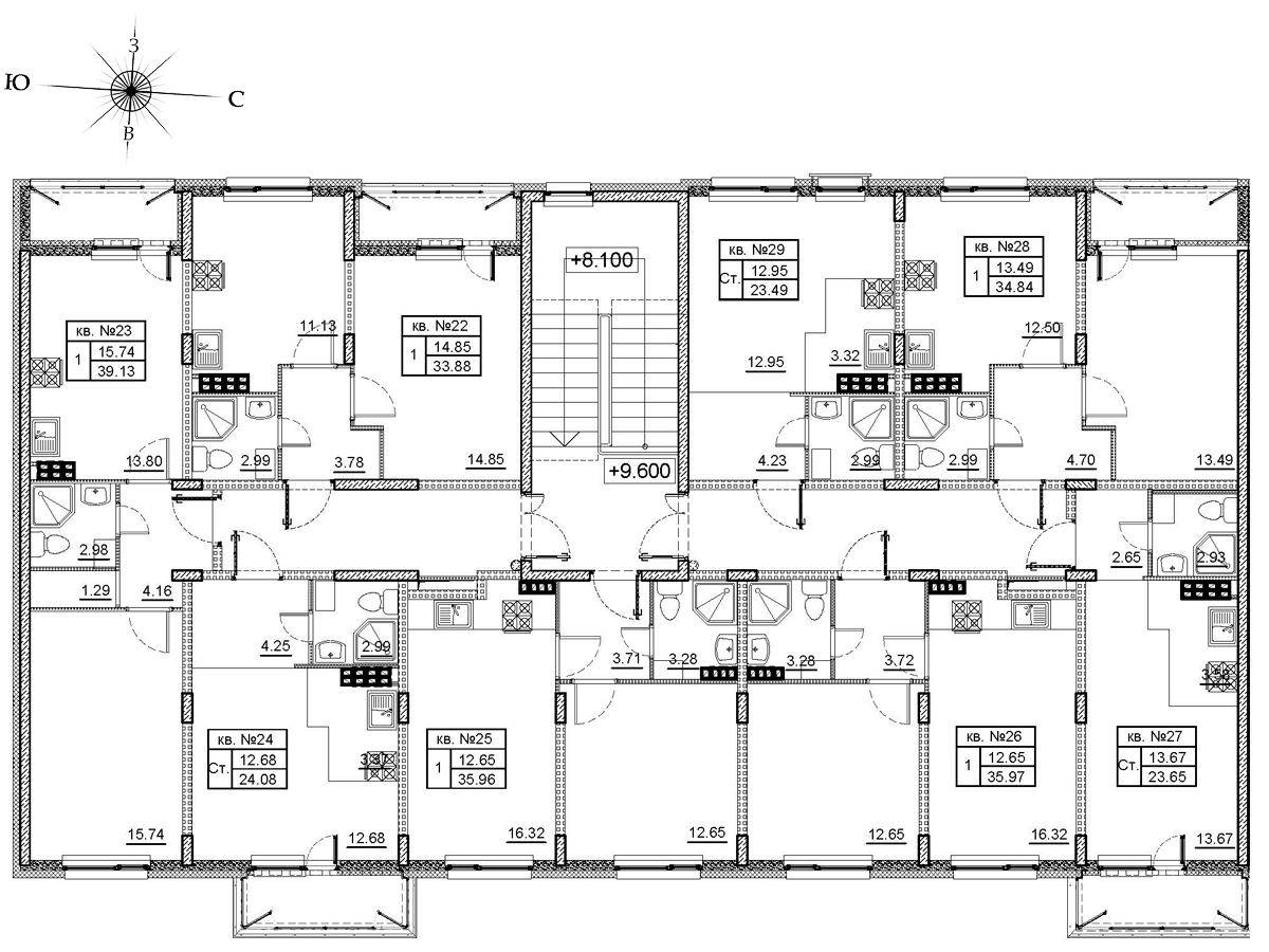 2-комнатная (Евро) квартира, 35.96 м² в ЖК "Верево-сити" - планировка этажа