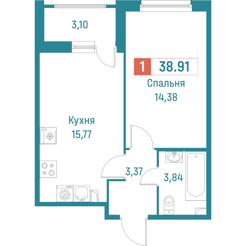 2-комнатная (Евро) квартира, 38.91 м² в ЖК "Графика" - планировка, фото №1