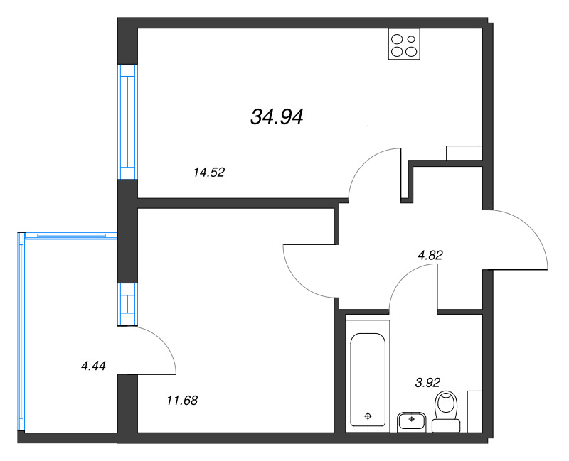 1-комнатная квартира, 34.94 м² - планировка, фото №1