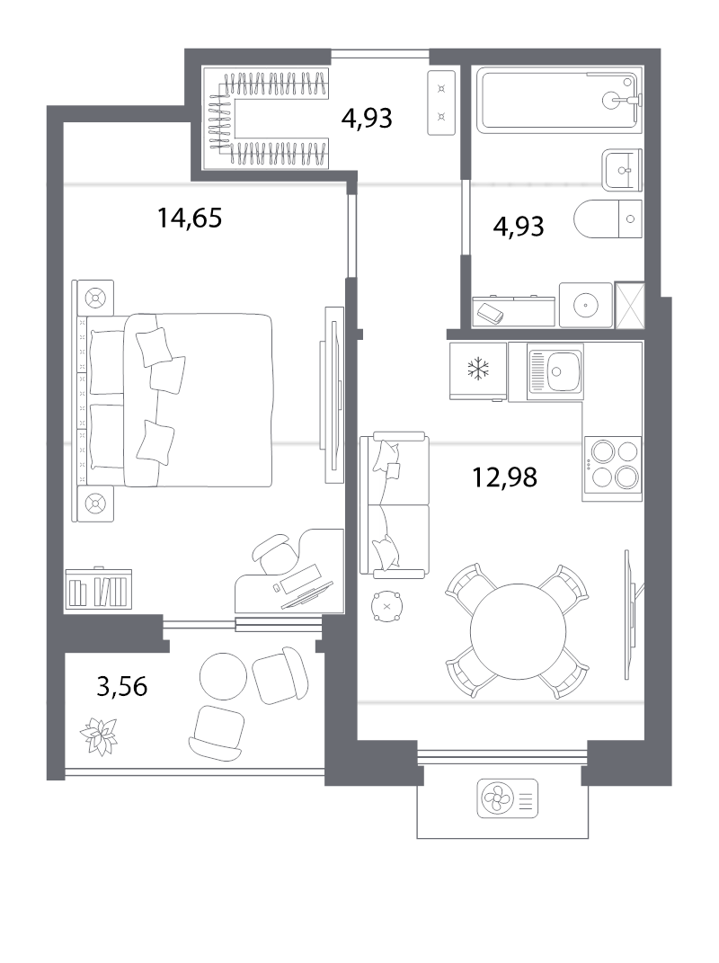 1-комнатная квартира, 43.6 м² в ЖК "Респект" - планировка, фото №1