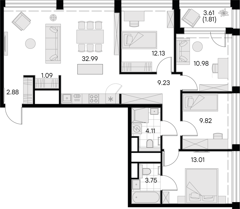 5-комнатная (Евро) квартира, 101.8 м² - планировка, фото №1