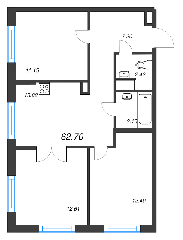 4-комнатная (Евро) квартира, 62.7 м² - планировка, фото №1