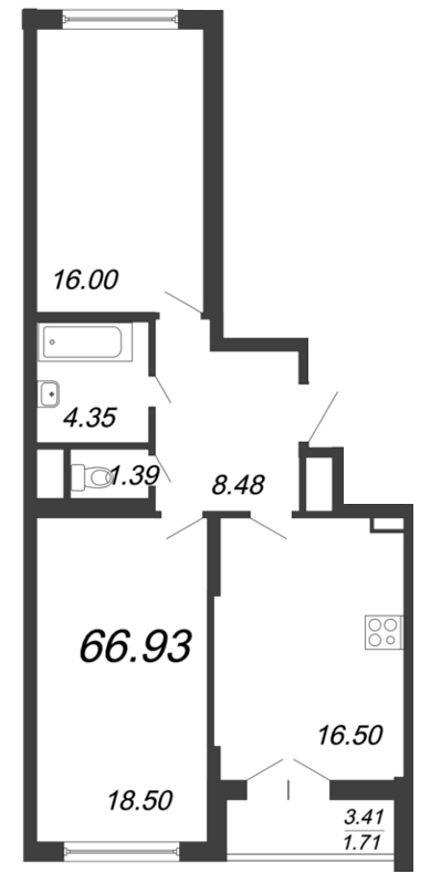 3-комнатная (Евро) квартира, 68.4 м² - планировка, фото №1