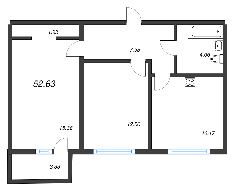 2-комнатная квартира, 52.63 м² - планировка, фото №1