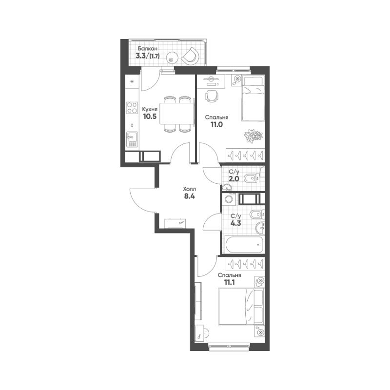 2-комнатная квартира, 49 м² - планировка, фото №1