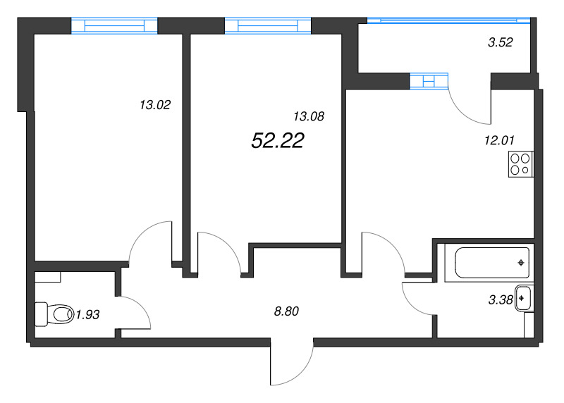 2-комнатная квартира, 52.22 м² - планировка, фото №1