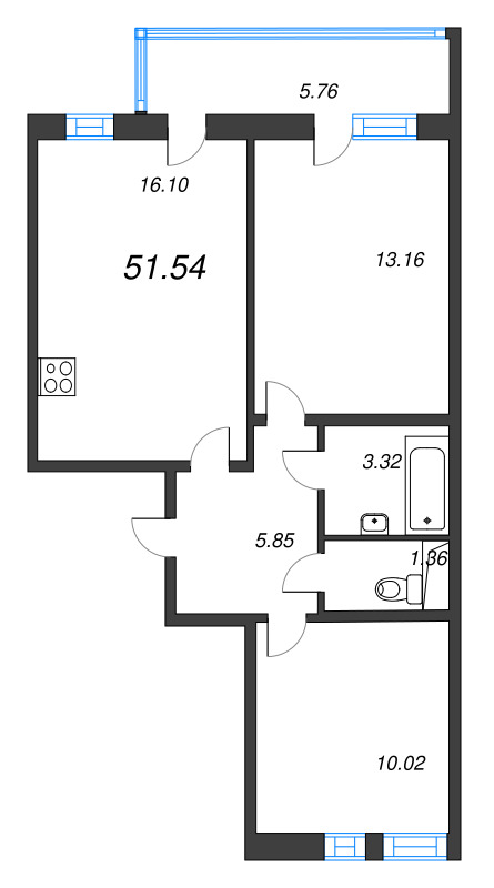 3-комнатная (Евро) квартира, 51.54 м² в ЖК "Аэросити" - планировка, фото №1