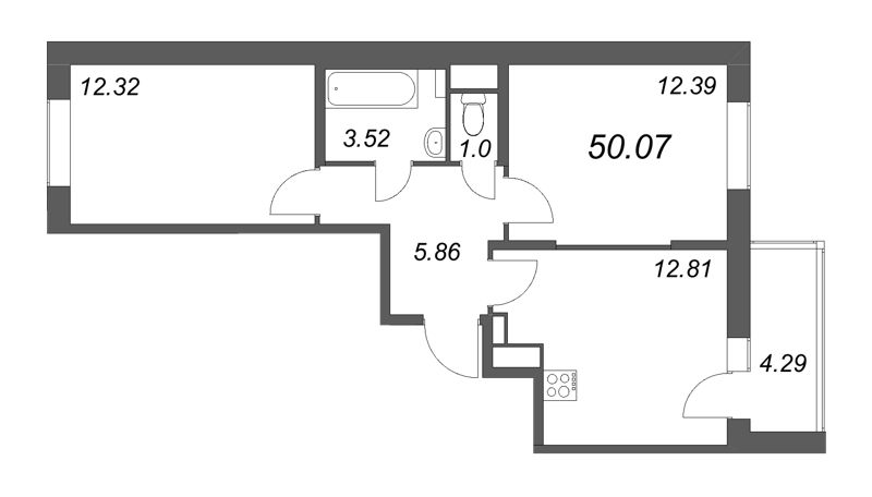 2-комнатная квартира, 50.07 м² - планировка, фото №1