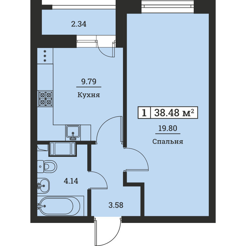 1-комнатная квартира, 38.48 м² - планировка, фото №1