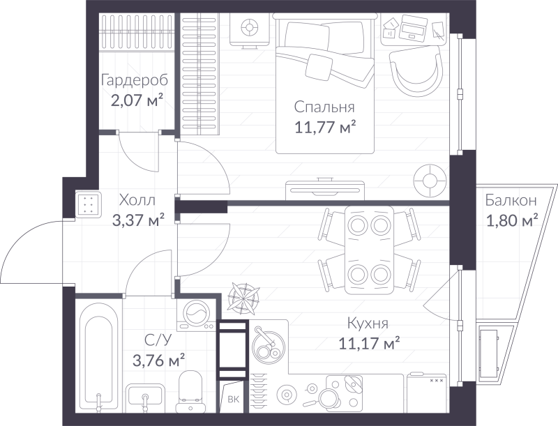 1-комнатная квартира, 32.68 м² в ЖК "VEREN NORT сертолово" - планировка, фото №1