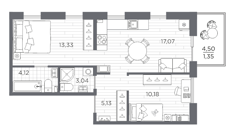 3-комнатная (Евро) квартира, 54.22 м² в ЖК "Сезоны" - планировка, фото №1