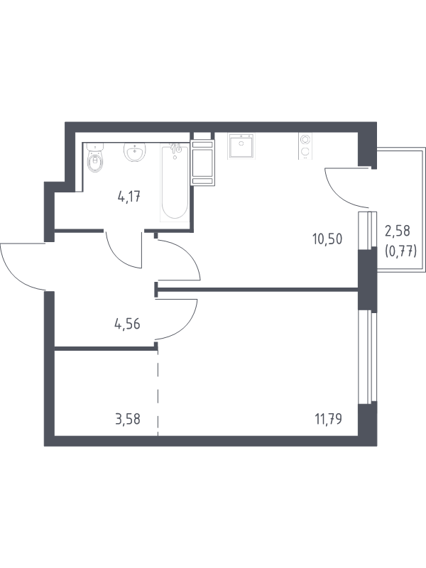 1-комнатная квартира, 35.37 м² - планировка, фото №1