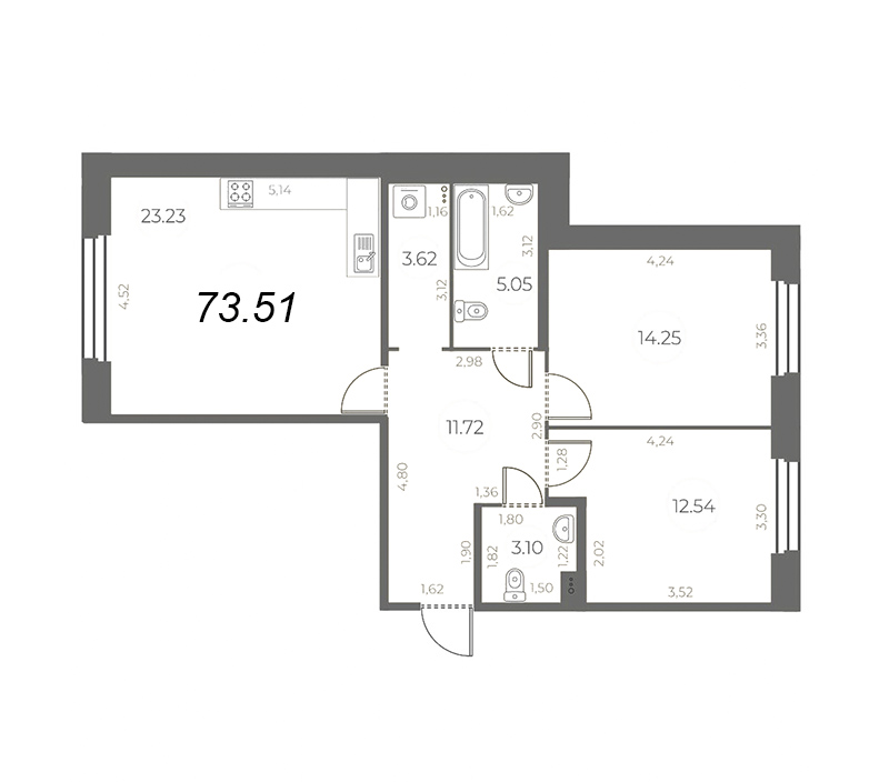 3-комнатная (Евро) квартира, 73.51 м² в ЖК "Огни Залива" - планировка, фото №1
