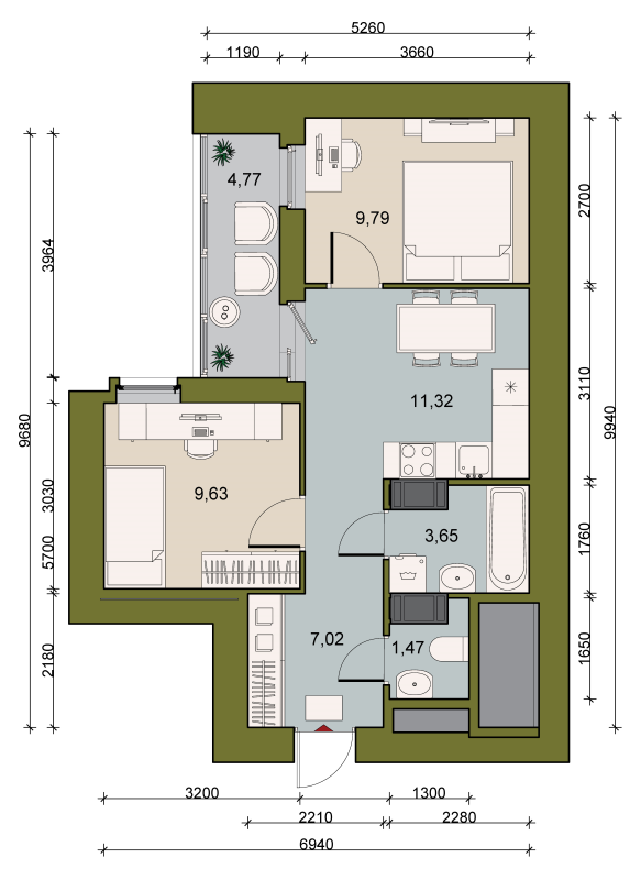 2-комнатная квартира, 46.37 м² - планировка, фото №1