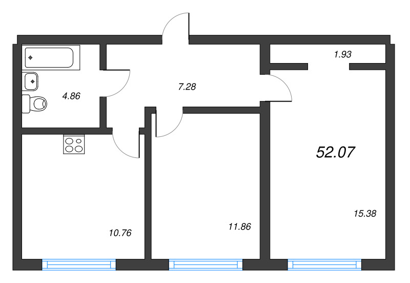 2-комнатная квартира, 52.07 м² - планировка, фото №1