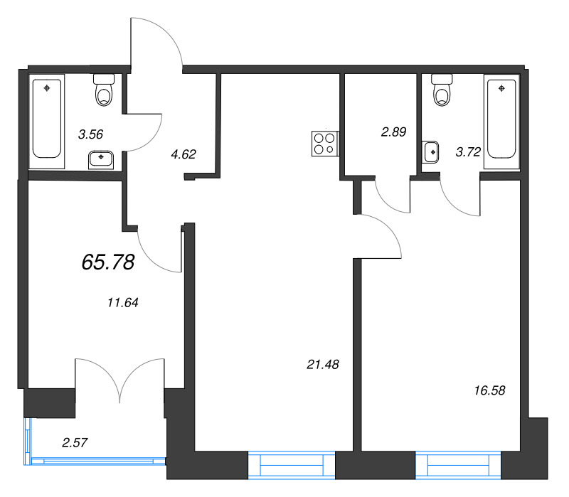 3-комнатная (Евро) квартира, 65.78 м² - планировка, фото №1