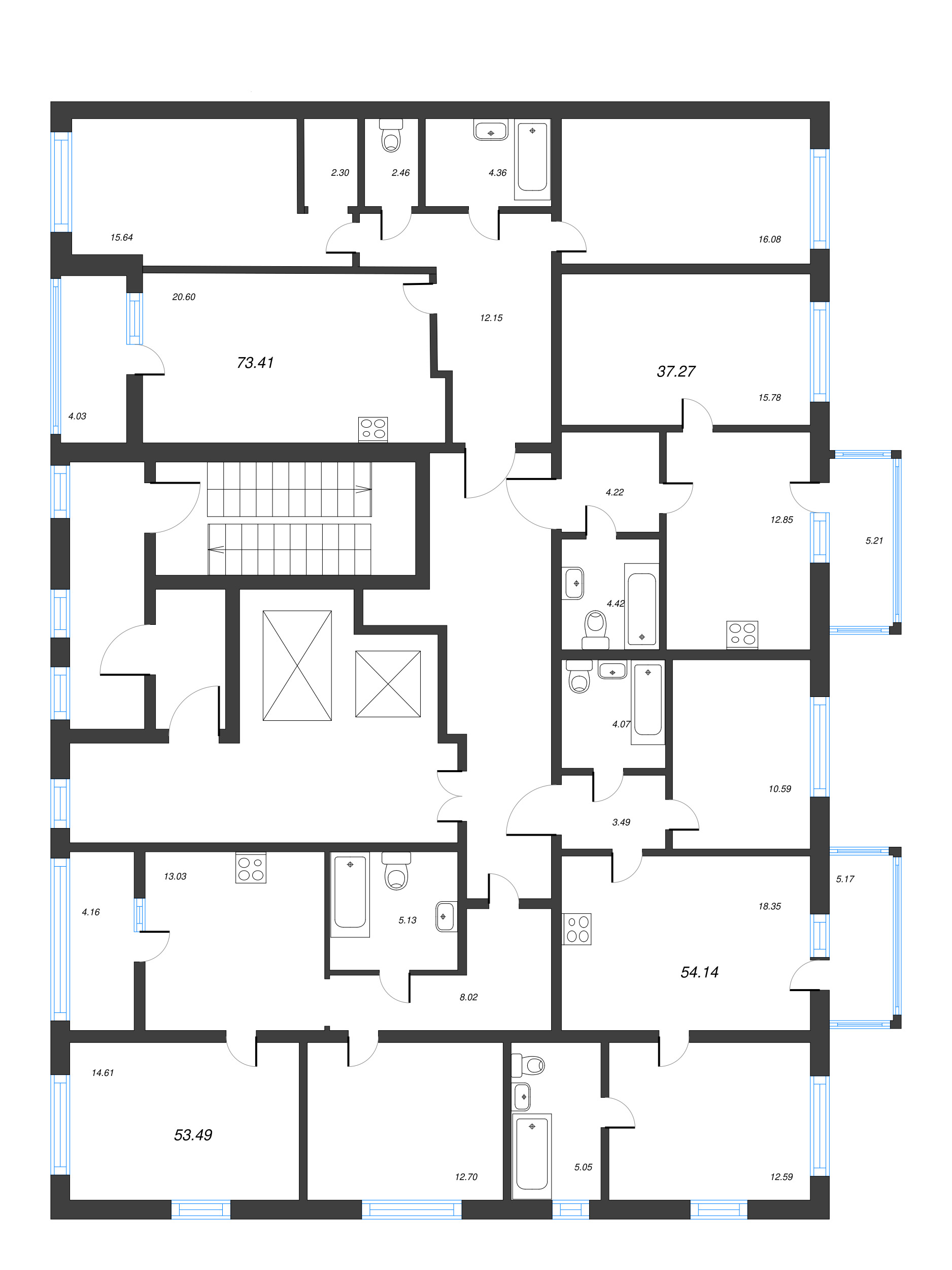 3-комнатная (Евро) квартира, 54.14 м² - планировка этажа