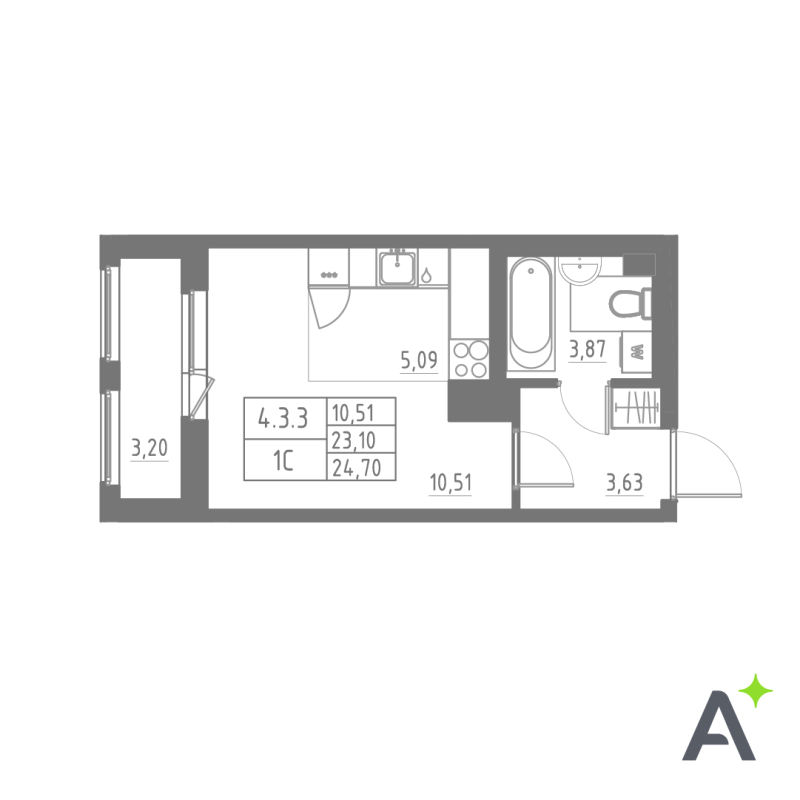 Квартира-студия, 24.7 м² в ЖК "Аквилон Solar" - планировка, фото №1