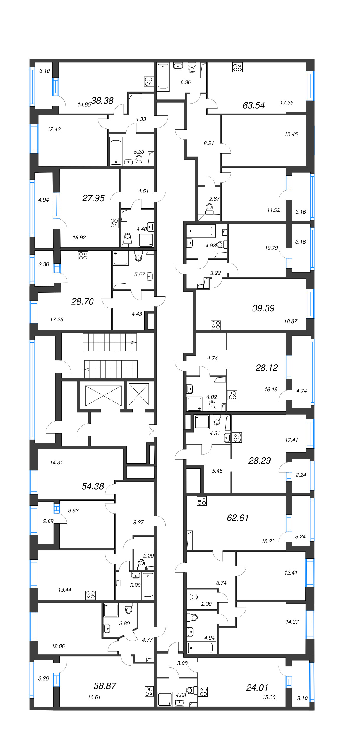 3-комнатная (Евро) квартира, 62.61 м² - планировка этажа