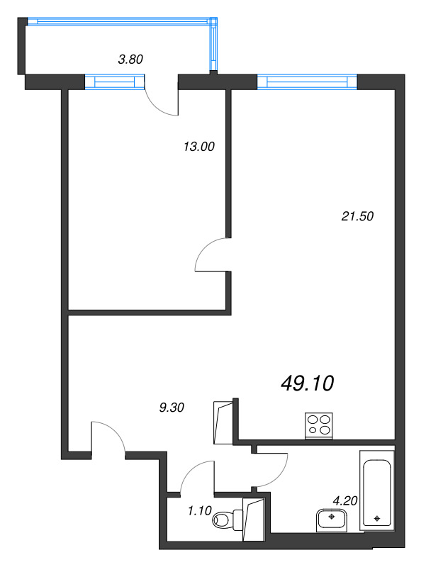 2-комнатная (Евро) квартира, 49.1 м² в ЖК "Руднева 15" - планировка, фото №1