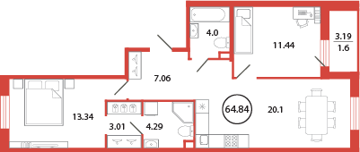 3-комнатная (Евро) квартира, 64.84 м² в ЖК "Энфилд" - планировка, фото №1