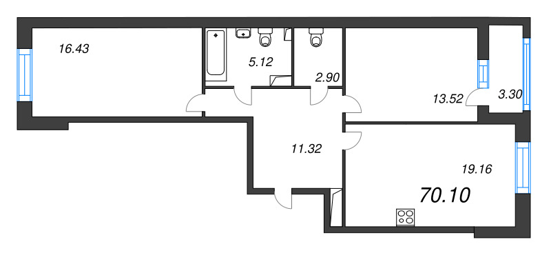3-комнатная (Евро) квартира, 70.1 м² - планировка, фото №1