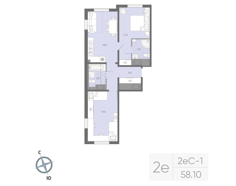 3-комнатная (Евро) квартира, 58.1 м² в ЖК "Дыбенко Парк" - планировка, фото №1