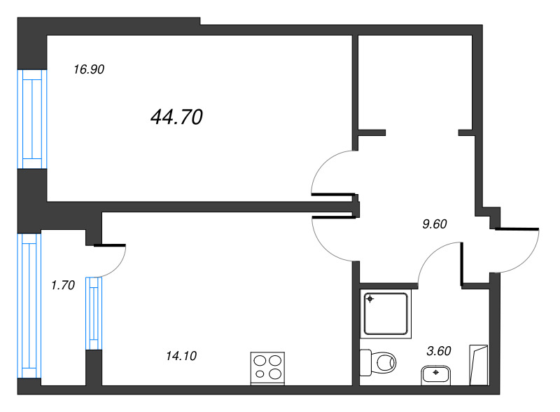 1-комнатная квартира, 44.7 м² в ЖК "Парусная 1" - планировка, фото №1