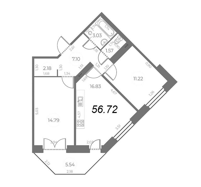 3-комнатная (Евро) квартира, 58.39 м² - планировка, фото №1