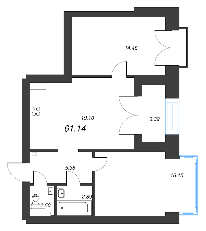 2-комнатная квартира, 61.14 м² - планировка, фото №1