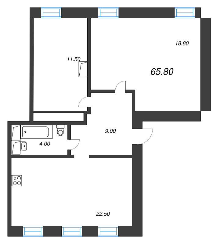 3-комнатная (Евро) квартира, 71.5 м² в ЖК "Крона" - планировка, фото №1
